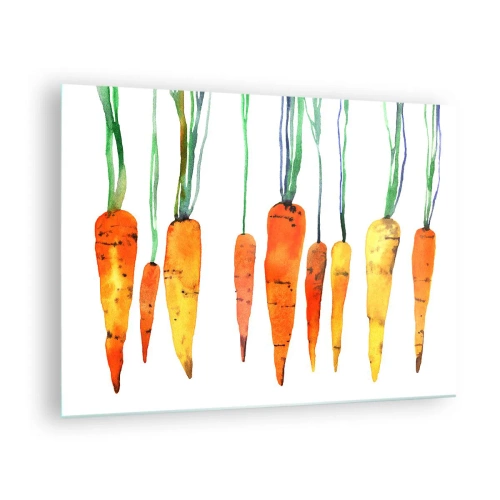 Obraz na skle - Akvarelová mrkev v různých odstínech oranžové se zelenými stonky - 70x50cm - Krása obyčejnosti - Moderní nástěnná dekorace do obývacího pokoje a ložnice ARTTOR