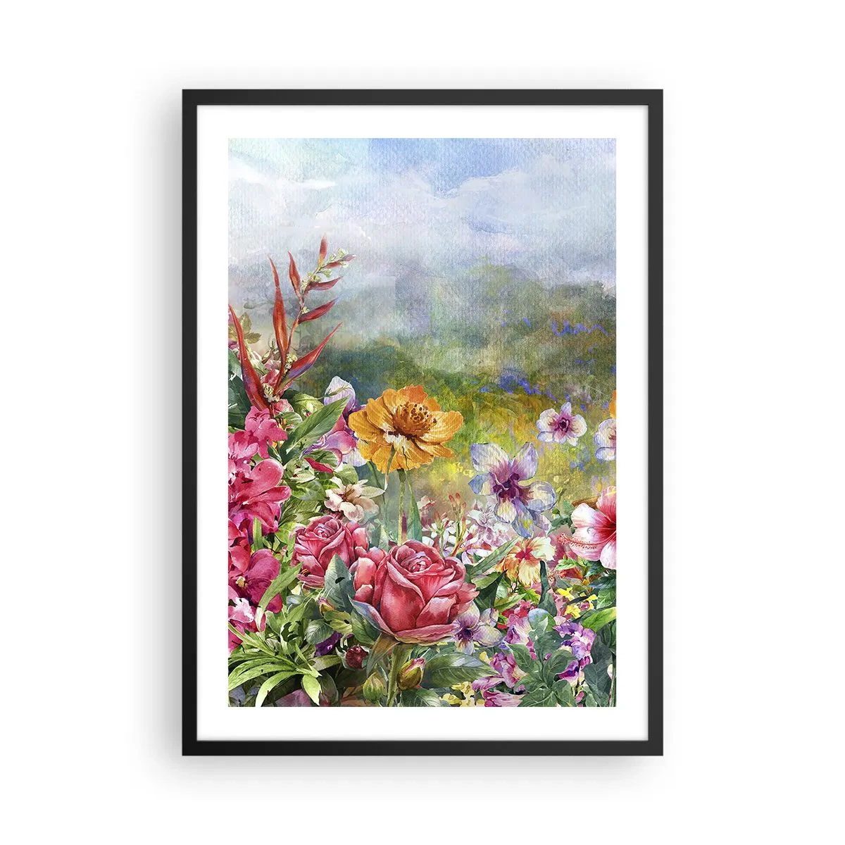 Plakát v černém rámu - Pole květin za slunečného dne - 50x70cm - Zahrada, která se zbláznila - Moderní nástěnná dekorace do obývacího pokoje a ložnice ARTTOR