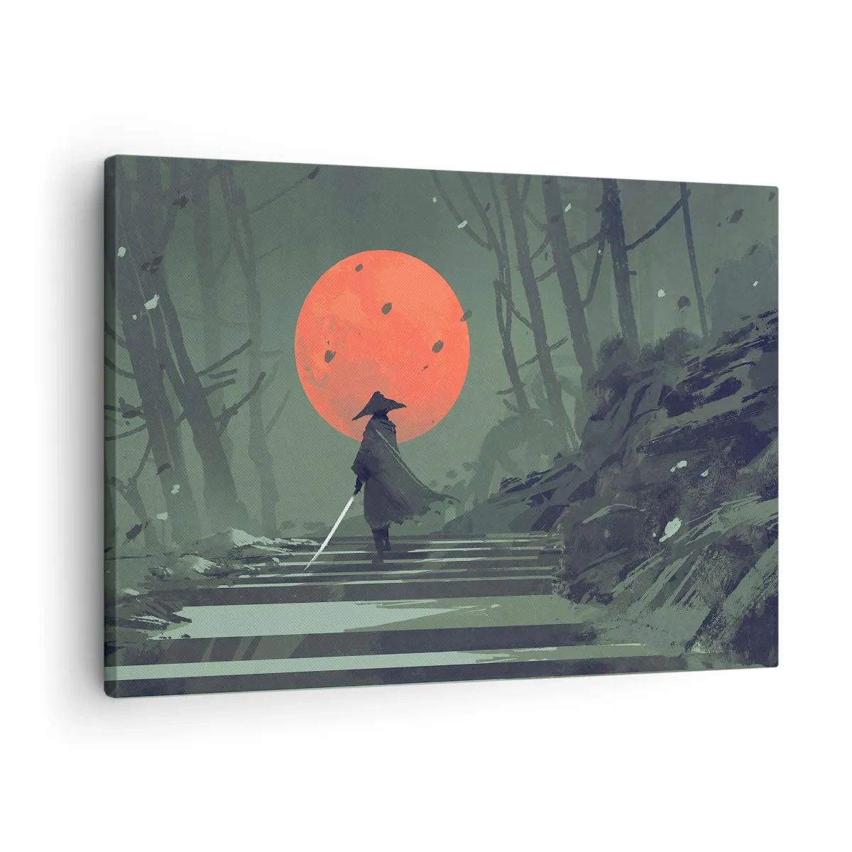 Obraz na plátně - Osamělý bojovník s mečem na pozadí rudého měsíce v temném lese. - 70x50cm - Bojovník červeného měsíce - Moderní nástěnná dekorace do obývacího pokoje a ložnice ARTTOR