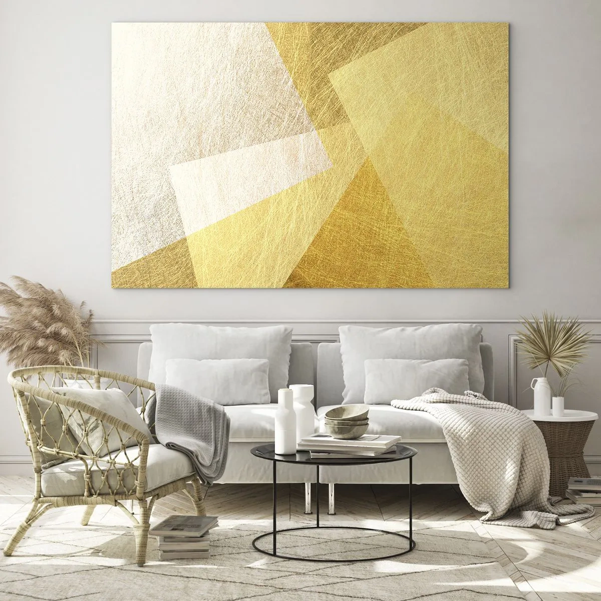 Obraz na skle - Zlaté geometrické tvary s kovovou a lehkou texturou - 70x50cm - Počasí geometrie - Moderní nástěnná dekorace do obývacího pokoje a ložnice ARTTOR