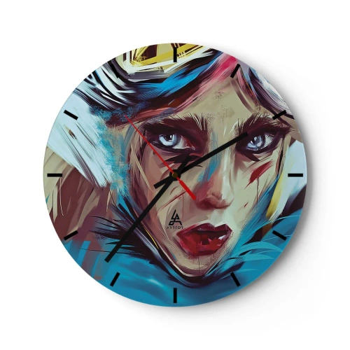 Nástěnné hodiny - Expresivní portrét ženy v intenzivních barvách - 30x30cm - Silniční válečnice - Moderní nástěnná dekorace do obývacího pokoje, kuchyně a ložnice ARTTOR
