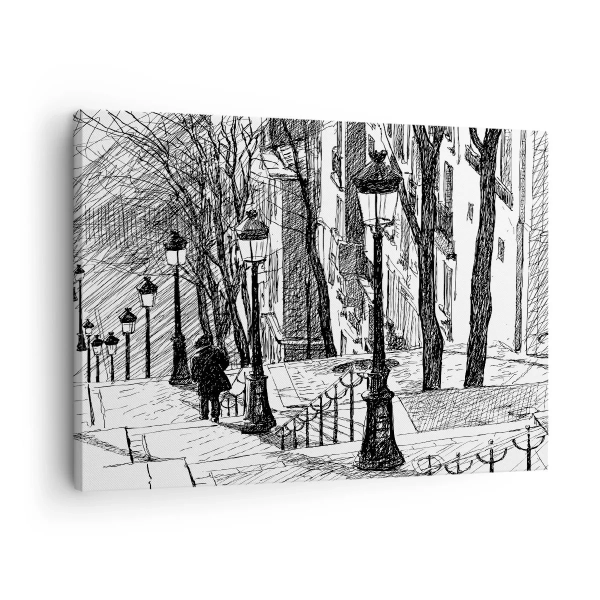 Obraz na plátně - Ulice s lampami a lidskou siluetou v technice skici - 70x50cm - Milostný příběh nebo horor? - Moderní nástěnná dekorace do obývacího pokoje a ložnice ARTTOR