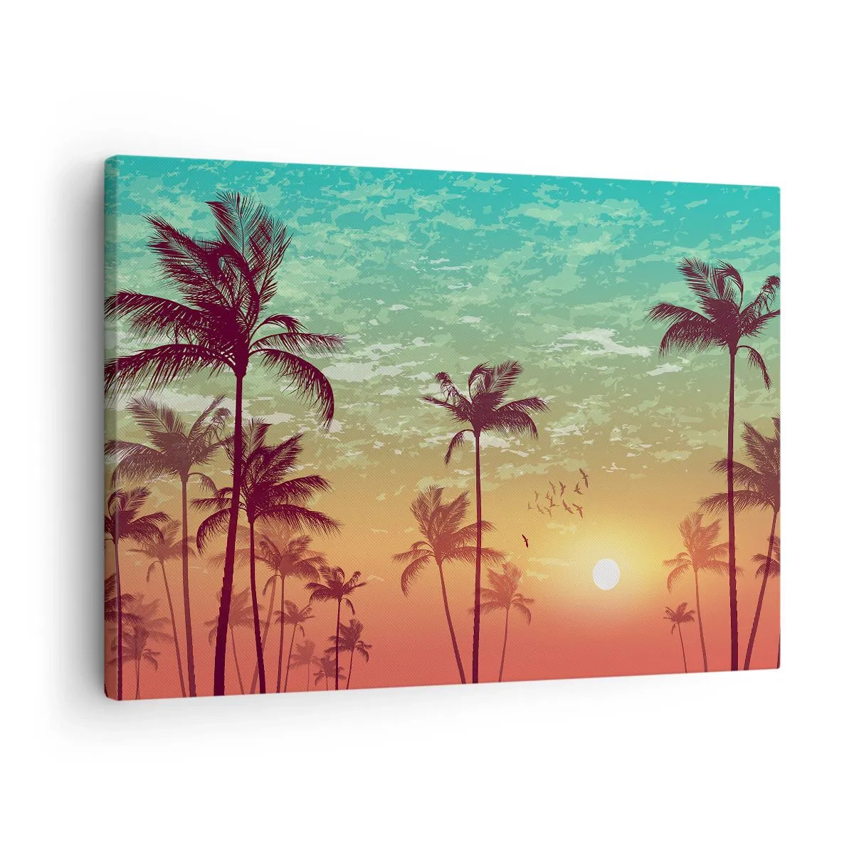 Obraz na plátně - Západ slunce s palmami proti barevné obloze - 70x50cm - Tropické klima - Moderní nástěnná dekorace do obývacího pokoje a ložnice ARTTOR
