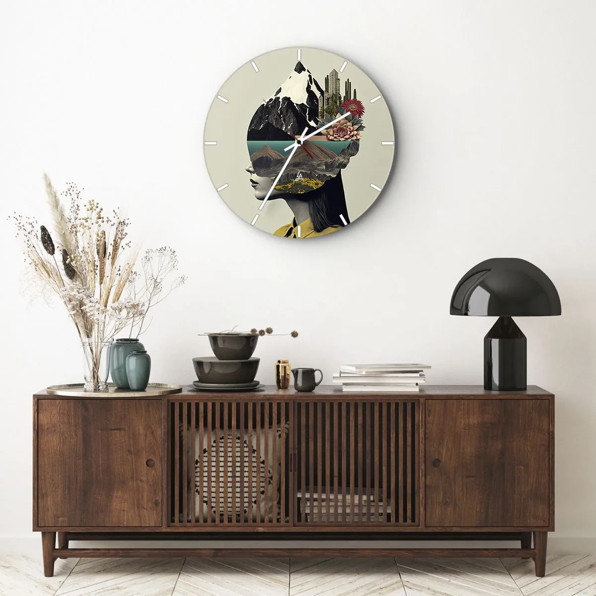 Nástěnné hodiny - Umělecký portrét ženy s krajinou a květinami v hlavě - 30x30cm - Žena – vždy tajemství - Moderní nástěnná dekorace do obývacího pokoje, kuchyně a ložnice ARTTOR
