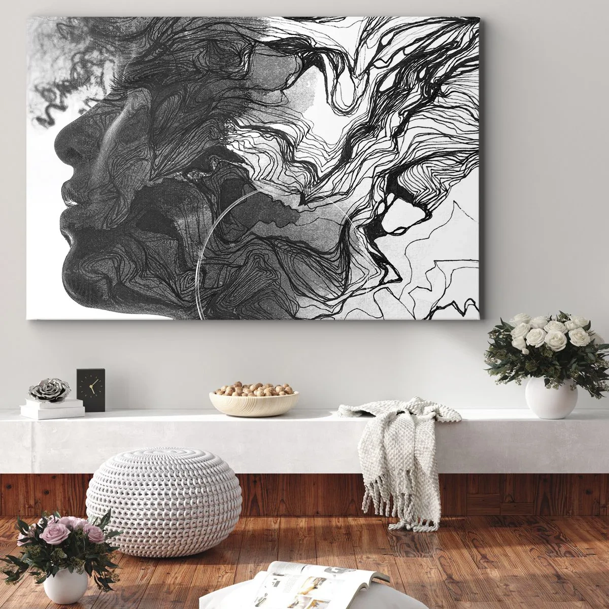 Obraz na plátně - Abstraktní obličej v černé a bílé s dynamickými liniemi. - 70x50cm - Zapletená ve snech - Moderní nástěnná dekorace do obývacího pokoje a ložnice ARTTOR