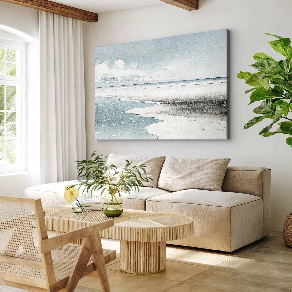 Obraz na plátně - Klidné moře a pláž ve světlých odstínech modré - 70x50cm - Jemný příliv - Moderní nástěnná dekorace do obývacího pokoje a ložnice ARTTOR