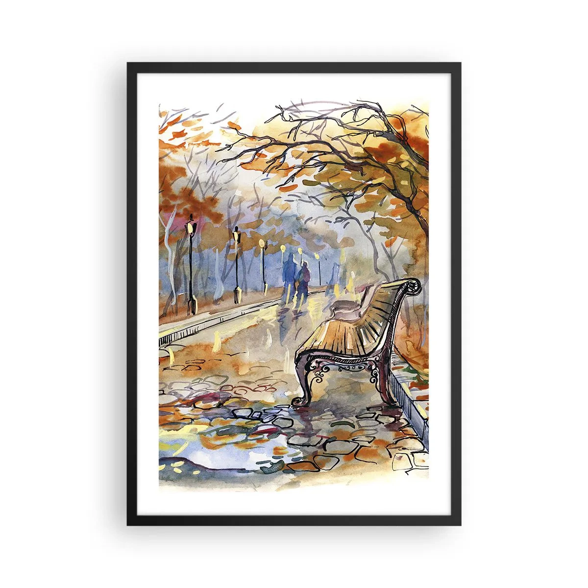 Plakát v černém rámu - Lavička v podzimním parku, akvarel - 50x70cm - Společně putovat podzimem - Moderní nástěnná dekorace do obývacího pokoje a ložnice ARTTOR