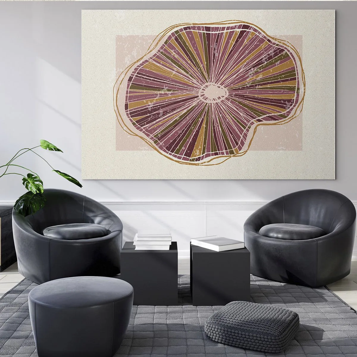 Obraz na skle - Zářivá organická forma v odstínech růžové a hnědé - 70x50cm - Radiální abstrakce - Moderní nástěnná dekorace do obývacího pokoje a ložnice ARTTOR