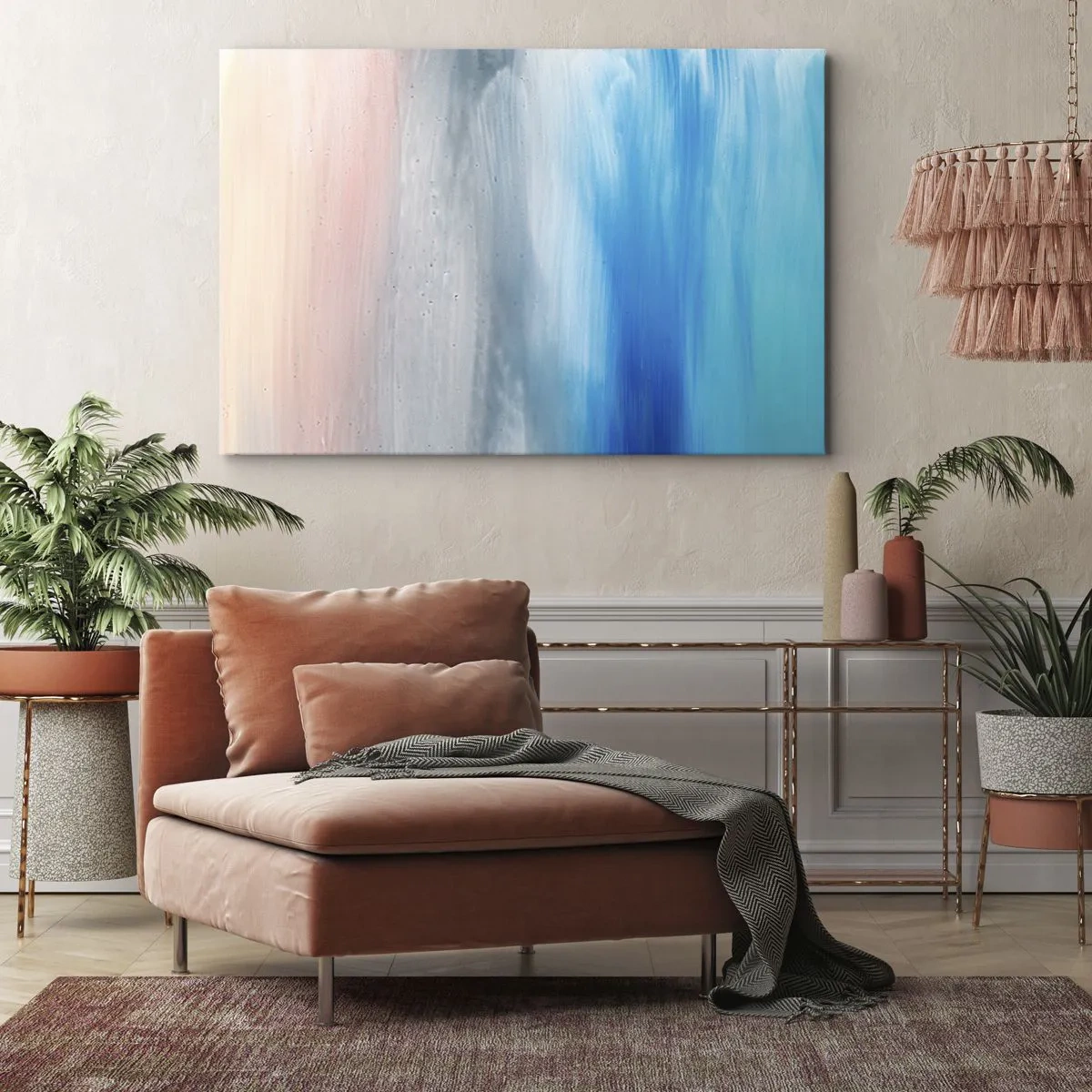 Obraz na plátně - Abstraktní tahy štětcem v odstínech modré a růžové - 70x50cm - Živly: vzduch - Moderní nástěnná dekorace do obývacího pokoje a ložnice ARTTOR