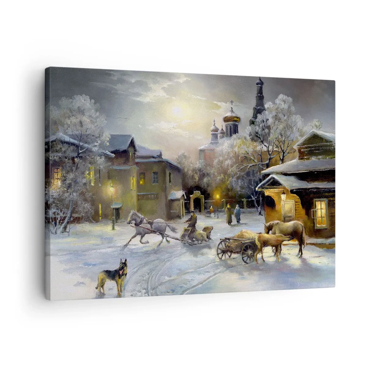 Obraz na plátně - Zimní krajina v ruském městě se saněmi a kostelem - 70x50cm - Kouzlo ruské zimy - Moderní nástěnná dekorace do obývacího pokoje a ložnice ARTTOR