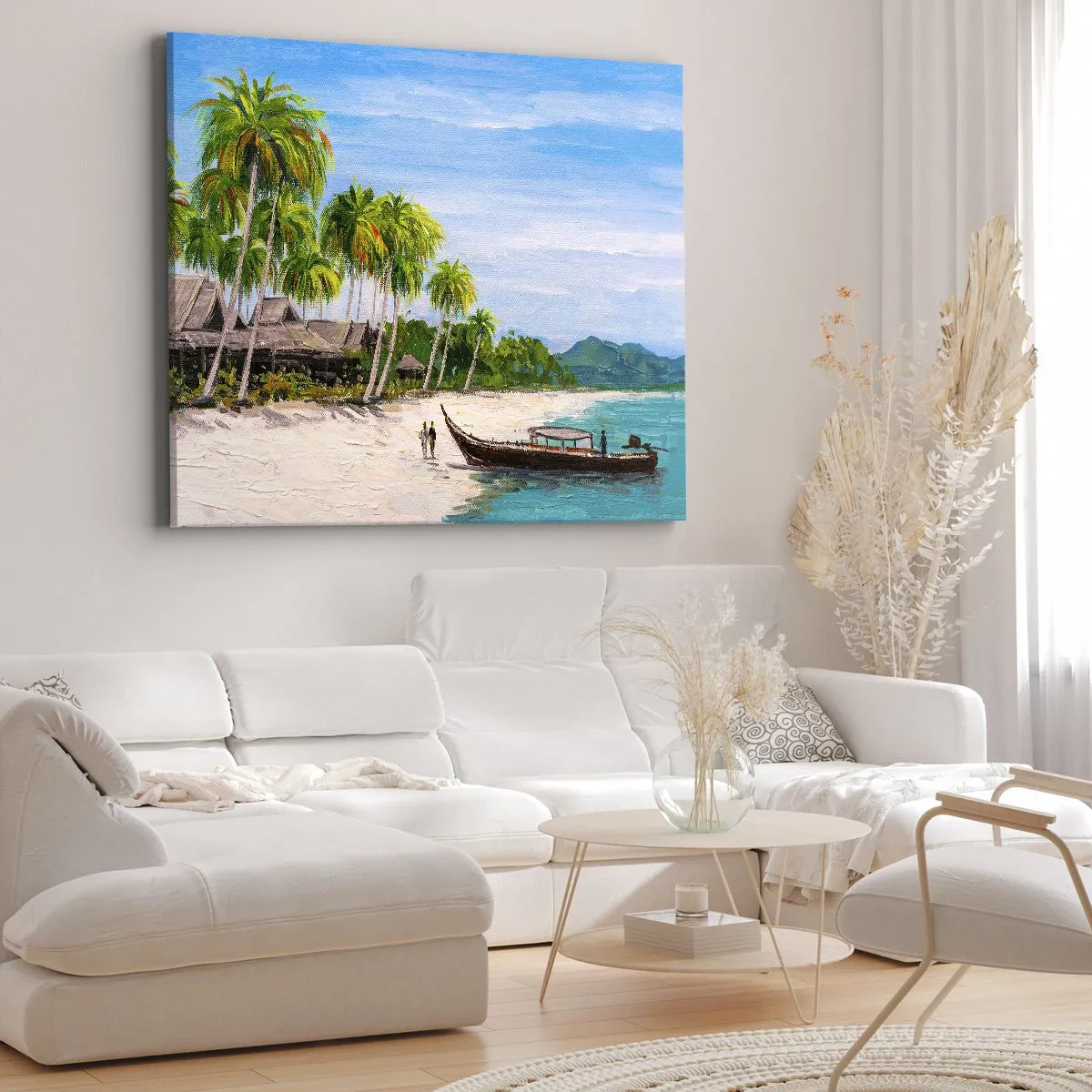 Obraz na plátně - Exotická pláž s palmami a lodí na břehu - 70x50cm - Exotický sen - Moderní nástěnná dekorace do obývacího pokoje a ložnice ARTTOR