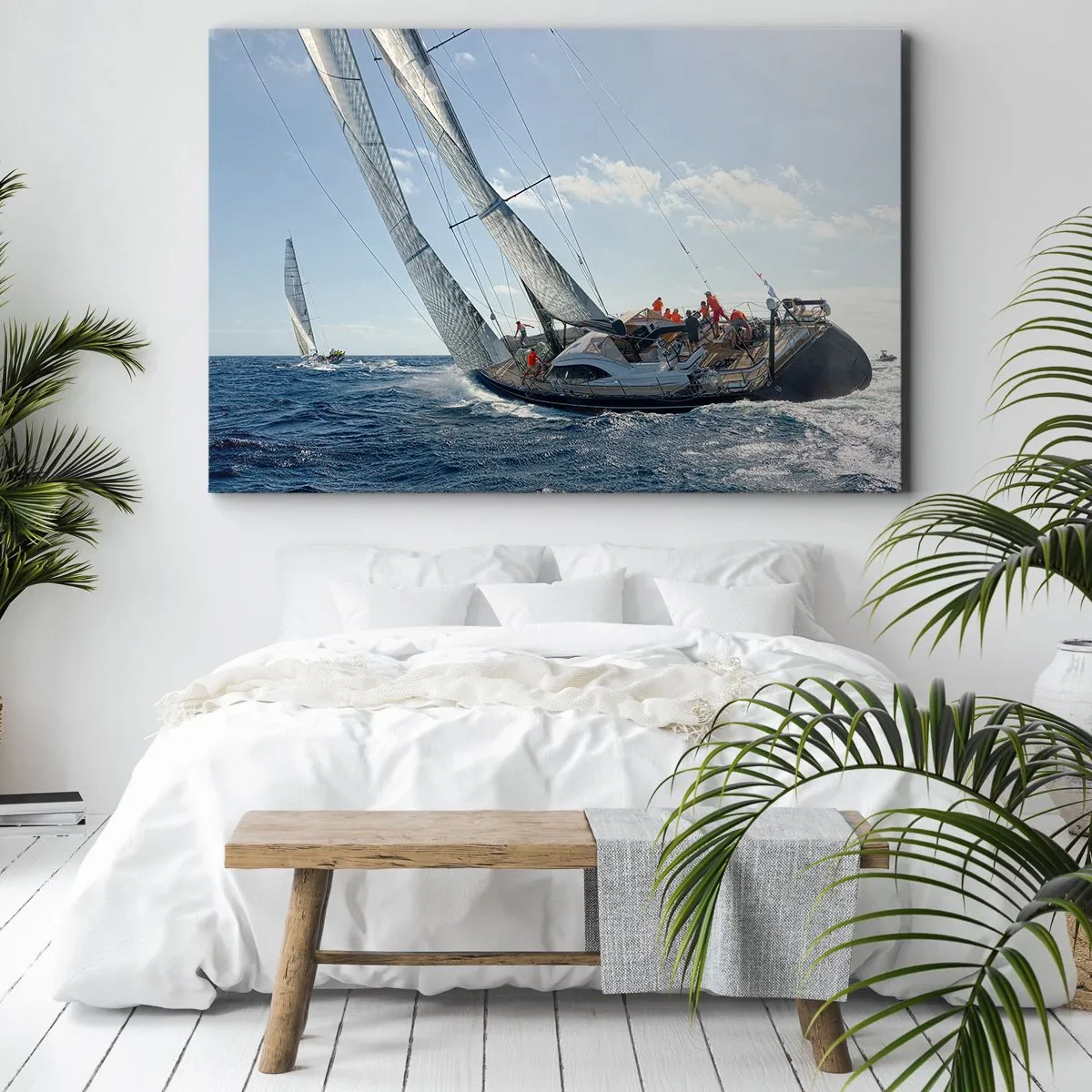 Obraz na plátně - Závod jachet na otevřeném moři pod modrou oblohou - 70x50cm - Ať zvítězí lepší - Moderní nástěnná dekorace do obývacího pokoje a ložnice ARTTOR