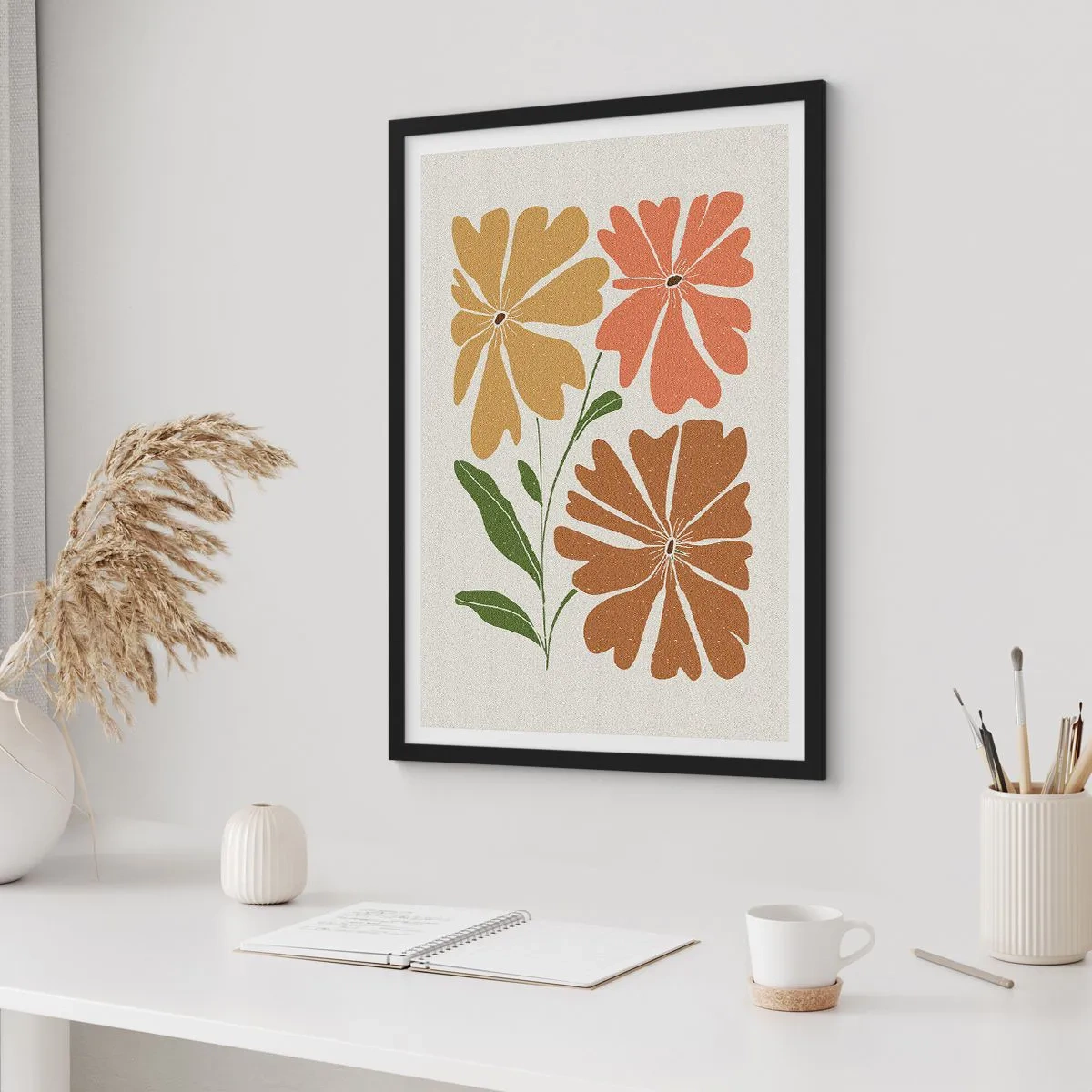 Plakát v černém rámu - Minimalistické květiny v teplých odstínech - 50x70cm - Příroda a geometrie - Moderní nástěnná dekorace do obývacího pokoje a ložnice ARTTOR