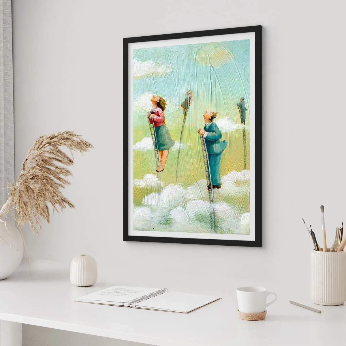 Plakát v černém rámu - Postavy šplhající po žebřících v oblacích - 50x70cm - Za svým snem - Moderní nástěnná dekorace do obývacího pokoje a ložnice ARTTOR