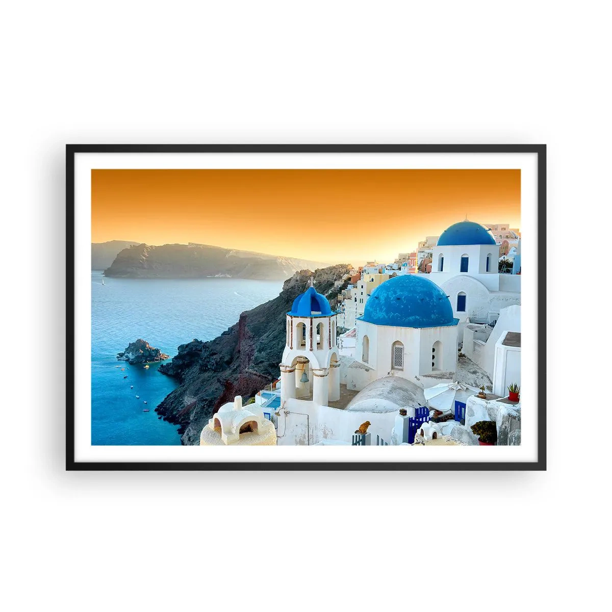 Plakát v černém rámu - Santorini - přitulené ke skalám - 91x61 cm