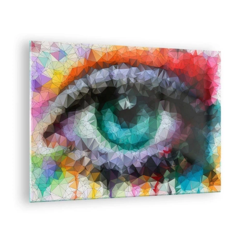 Obraz na skle - Geometrické oko v zářivých barvách s křišťálovým efektem. - 70x50cm - Krystalický lesk očí - Moderní nástěnná dekorace do obývacího pokoje a ložnice ARTTOR