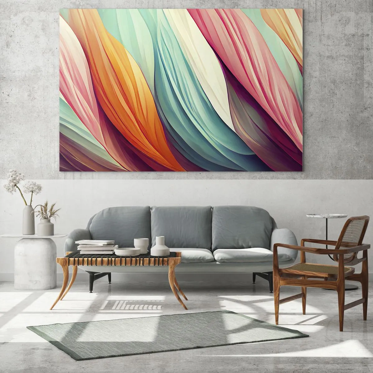Obraz na skle - Barevná vazba abstraktních pruhů v pastelových barvách - 70x50cm - Duhový uzel - Moderní nástěnná dekorace do obývacího pokoje a ložnice ARTTOR