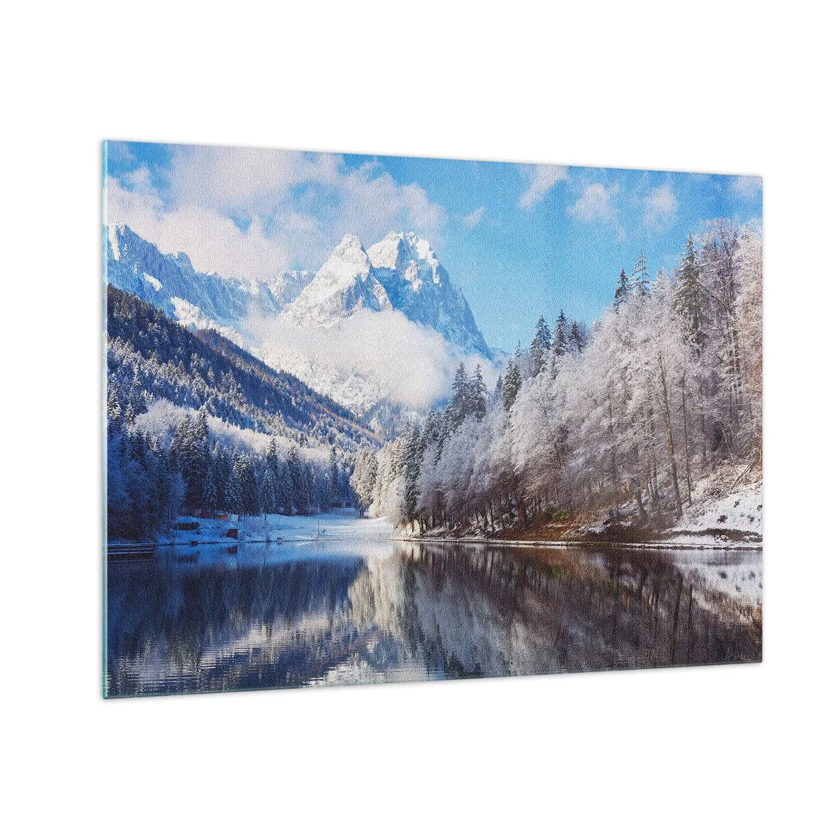 Obraz na skle - Zimní krajina s horami a zamrzlým jezerem - 70x50cm - Sněhová stráž - Moderní nástěnná dekorace do obývacího pokoje a ložnice ARTTOR
