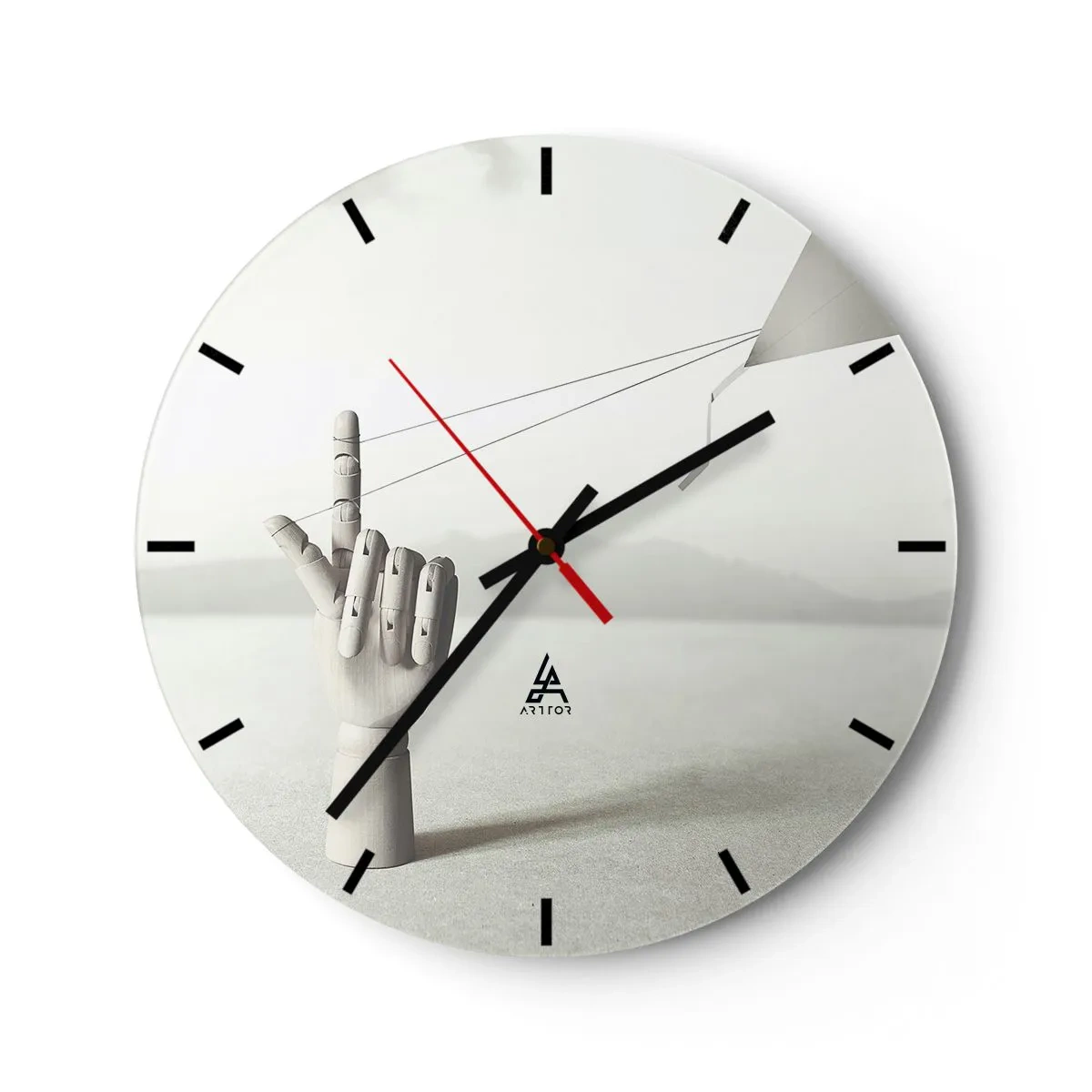 Nástěnné hodiny - Dřevěná ruka natahující lana v surrealistické krajině. - 30x30cm - Výzva - Moderní nástěnná dekorace do obývacího pokoje, kuchyně a ložnice ARTTOR
