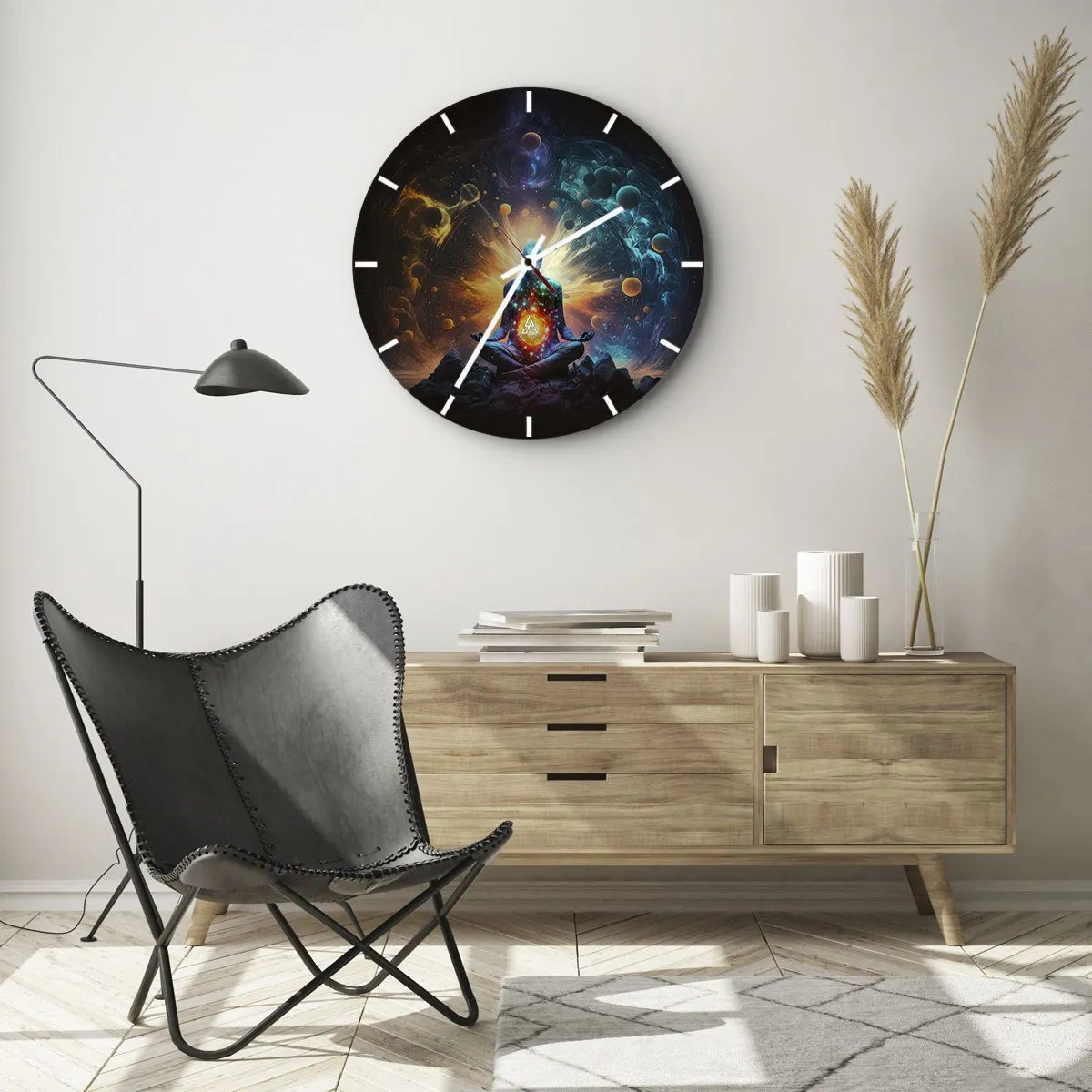 Nástěnné hodiny - Postava v meditaci obklopená kosmickou energií a planetami. - 30x30cm - Vesmírný klid - Moderní nástěnná dekorace do obývacího pokoje, kuchyně a ložnice ARTTOR