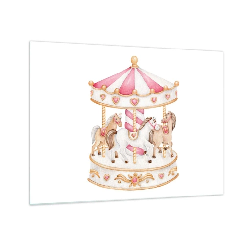 Obraz na skle - Růžový kolotoč s koňmi v dětském stylu na bílém pozadí - 70x50cm - Sladký svět dětství - Moderní nástěnná dekorace do obývacího pokoje a ložnice ARTTOR