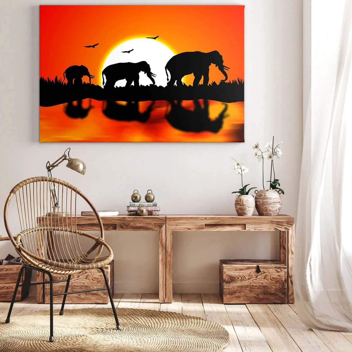 Obraz na plátně - Siluety slonů při západu slunce nad vodou s odrazem - 70x50cm - A večer na malý drink - Moderní nástěnná dekorace do obývacího pokoje a ložnice ARTTOR