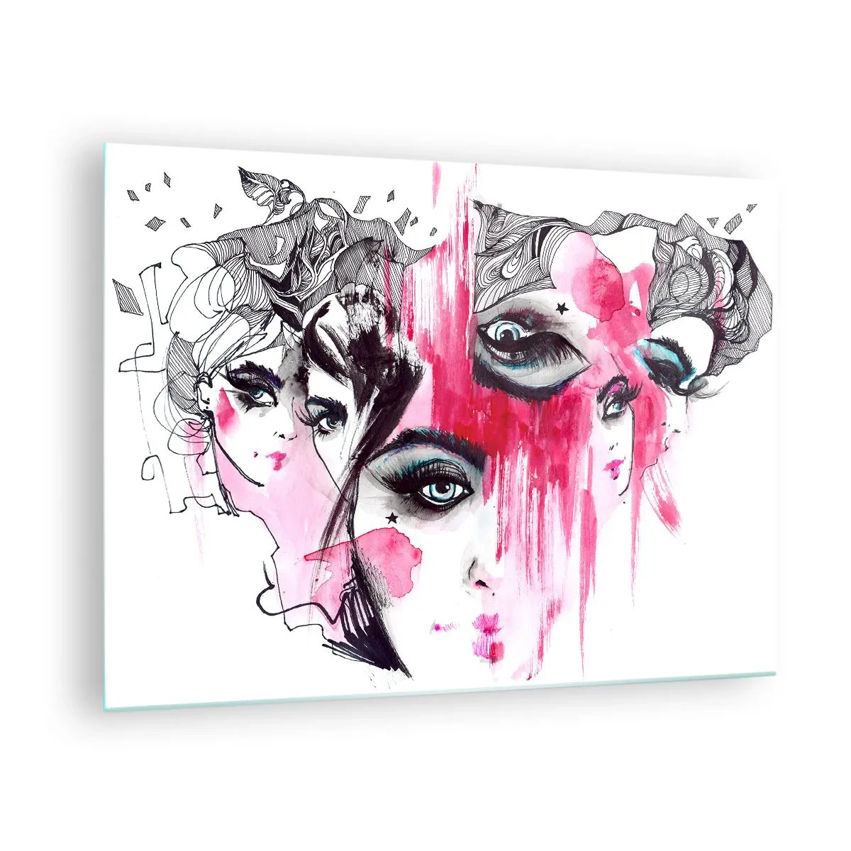 Obraz na skle - Abstraktní ženské tváře s růžovými akcenty ve stylu náčrtu. - 70x50cm - Abstraktní oči - Moderní nástěnná dekorace do obývacího pokoje a ložnice ARTTOR