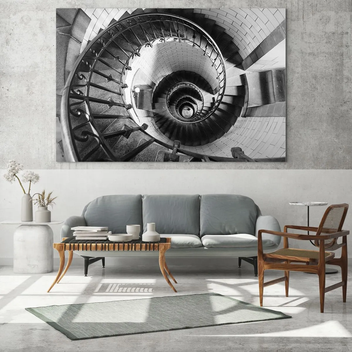 Obraz na skle - Černobílá fotografie točitého schodiště v perspektivě - 70x50cm - Jen výš a výš - Moderní nástěnná dekorace do obývacího pokoje a ložnice ARTTOR