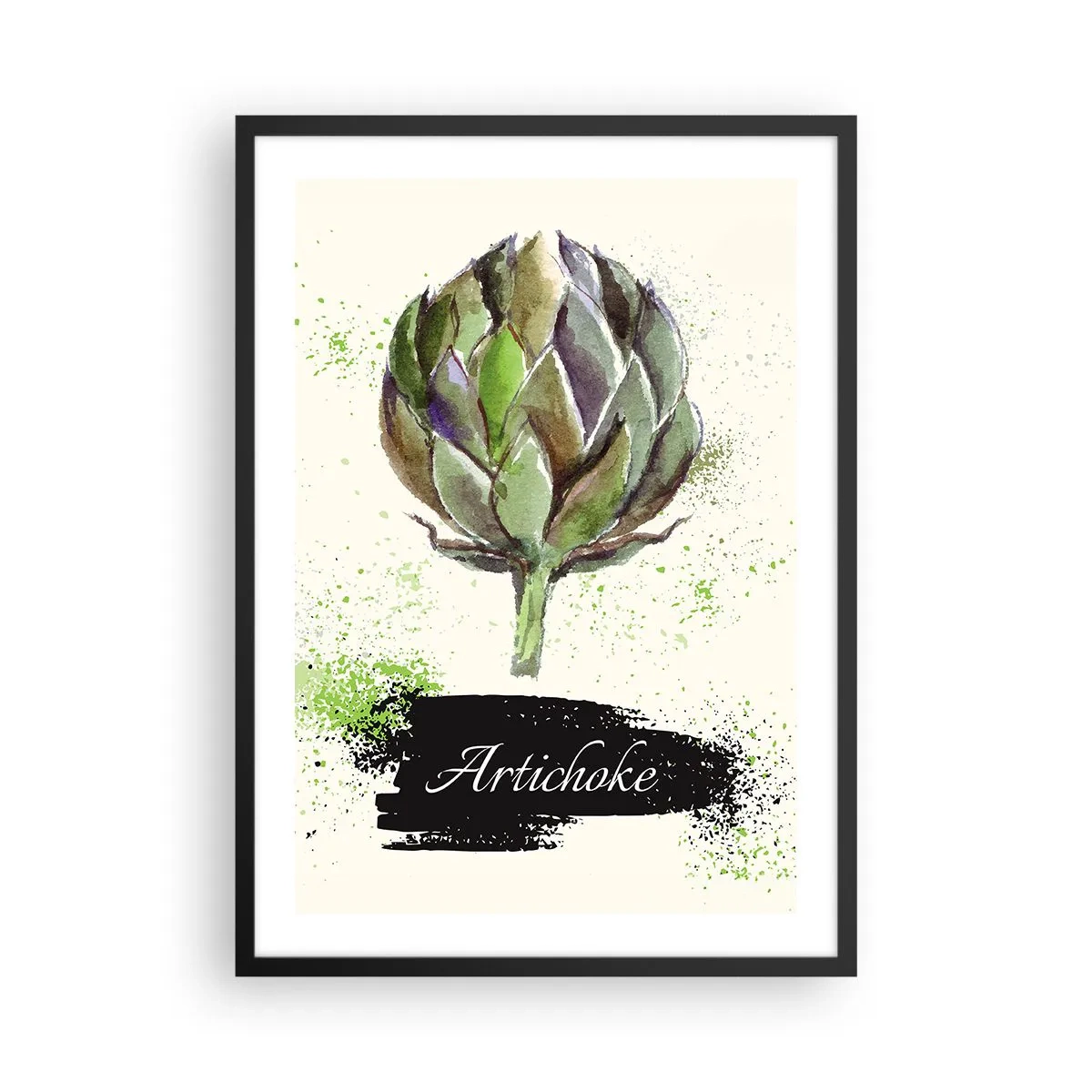 Plakát v černém rámu - Akvarelová ilustrace artyčoku na světlém pozadí - 50x70cm - Ať žije zelenina! - Moderní nástěnná dekorace do obývacího pokoje a ložnice ARTTOR