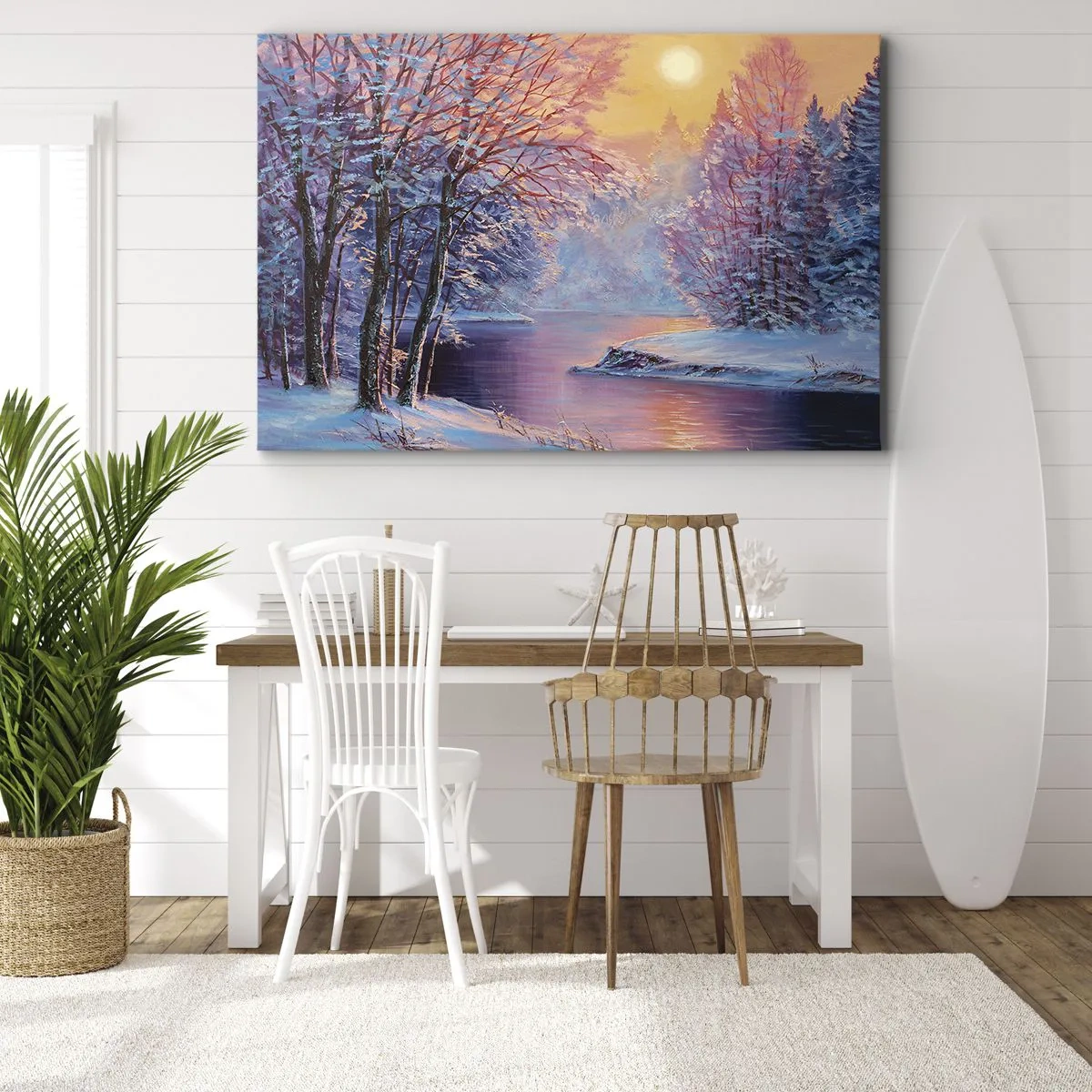 Obraz na plátně - Zimní krajina s řekou a stromy při východu slunce - 70x50cm - Barvy zimy - Moderní nástěnná dekorace do obývacího pokoje a ložnice ARTTOR
