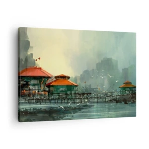 Obraz na plátně - Přístavní budovy v deštivé krajině s racky - 70x50cm - Slunečný den v přístavu - Moderní nástěnná dekorace do obývacího pokoje a ložnice ARTTOR