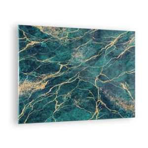 Obraz na skle - Mramorovaný kámen se zlatými žilkami, tyrkysové a zelené odstíny - 70x50cm - Zlatá žíla - Moderní nástěnná dekorace do obývacího pokoje a ložnice ARTTOR