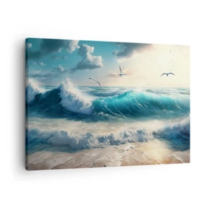 Obraz na plátně - Mořské vlny na pláži pod modrou oblohou s racky - 70x50cm - Šustění jen pro tebe - Moderní nástěnná dekorace do obývacího pokoje a ložnice ARTTOR