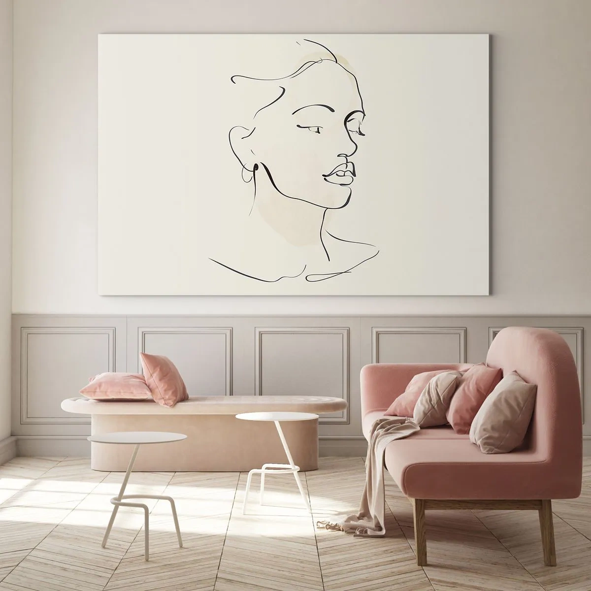 Obraz na skle - Ženský lineární portrét na světlém pozadí s jemnými stíny. - 70x50cm - Výrazným tahem - Moderní nástěnná dekorace do obývacího pokoje a ložnice ARTTOR