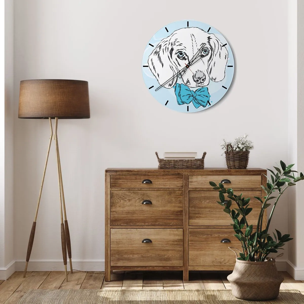 Nástěnné hodiny - Umělecká kresba psa s modrým motýlkem na světlém pozadí - 30x30cm - Psí elegance - Moderní nástěnná dekorace do obývacího pokoje, kuchyně a ložnice ARTTOR