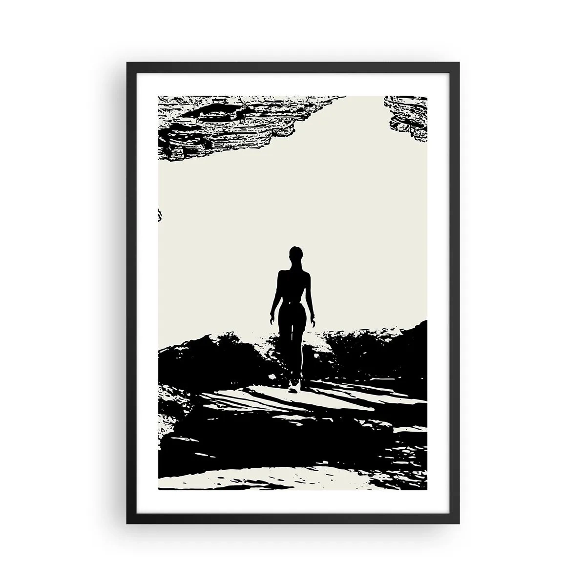 Plakát v černém rámu - Silueta ženy vycházející z jeskyně v kontrastním stylu - 50x70cm - Nový pohled - Moderní nástěnná dekorace do obývacího pokoje a ložnice ARTTOR