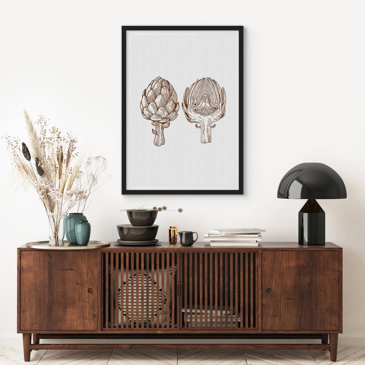 Plakát v černém rámu - Vintage ilustrace dvou artyčoků - 50x70cm - Hodiny anatomie - Moderní nástěnná dekorace do obývacího pokoje a ložnice ARTTOR