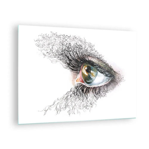 Obraz na skle - Zlaté oko obklopené dynamickými liniemi a abstraktními detaily - 70x50cm - Podívej se přímo do duše - Moderní nástěnná dekorace do obývacího pokoje a ložnice ARTTOR