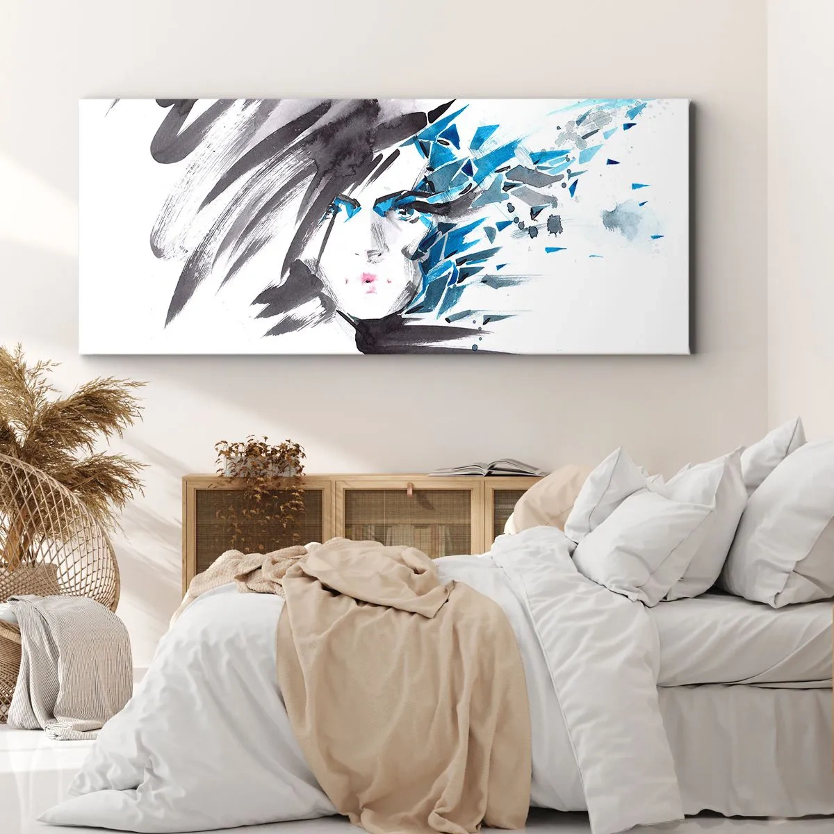 Obraz na plátně - Smyslný portrét v šedé a modré - 100x40 cm