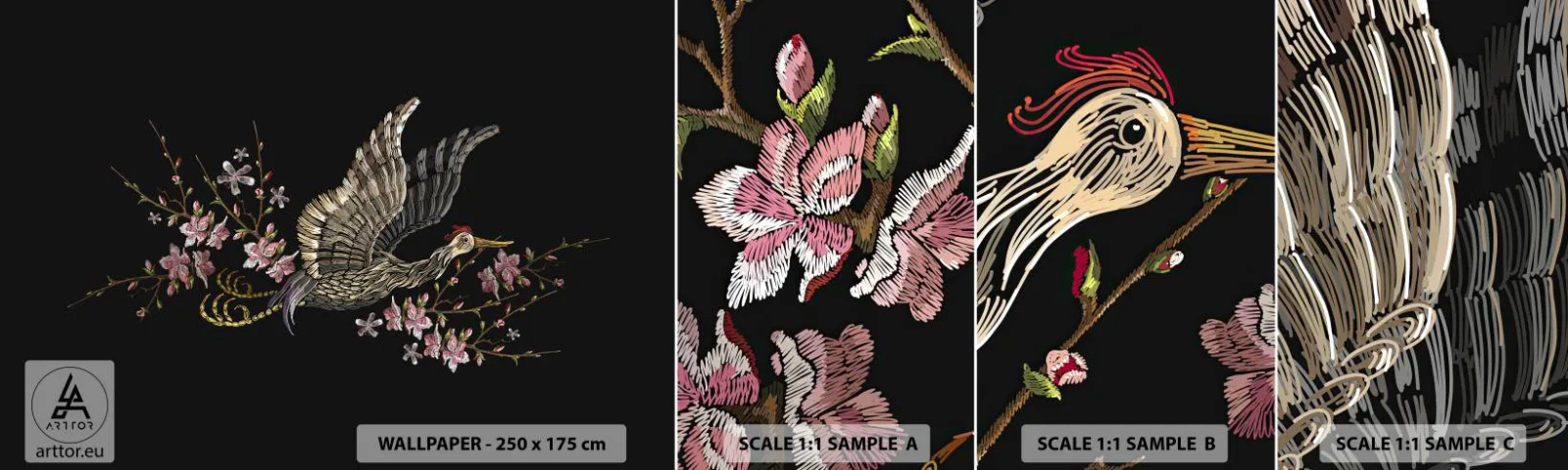 Fototapeta Vzorek Standard Eco - Exotický vyšívaný pták - Pták, Grafika, Květiny - 100x30 cm