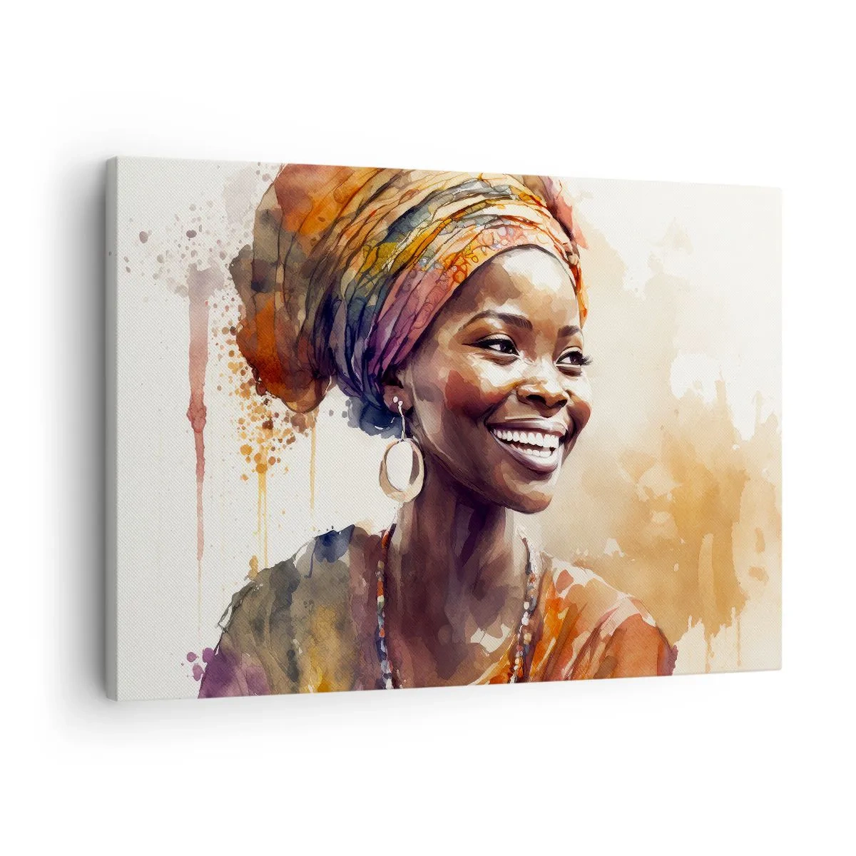 Obraz na plátně - Portrét usmívající se ženy v barevném šátku v akvarelu - 70x50cm - Africká královna - Moderní nástěnná dekorace do obývacího pokoje a ložnice ARTTOR