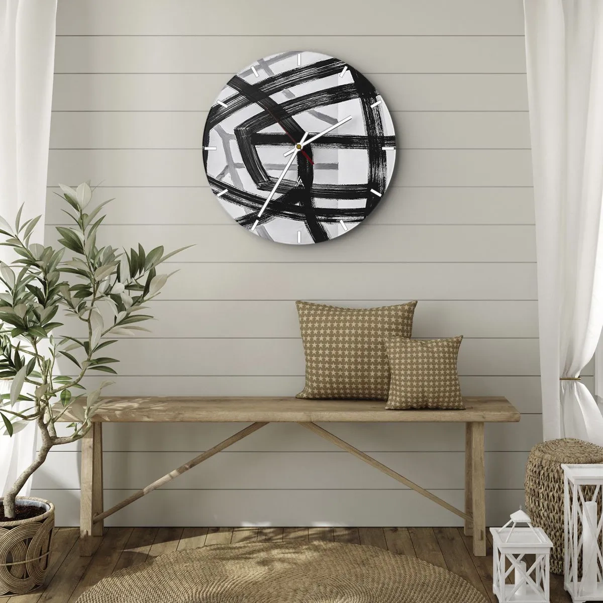 Nástěnné hodiny - Dynamické černé tahy štětcem vytvářející trojrozměrné vzory - 30x30cm - Hloubka - Moderní nástěnná dekorace do obývacího pokoje, kuchyně a ložnice ARTTOR