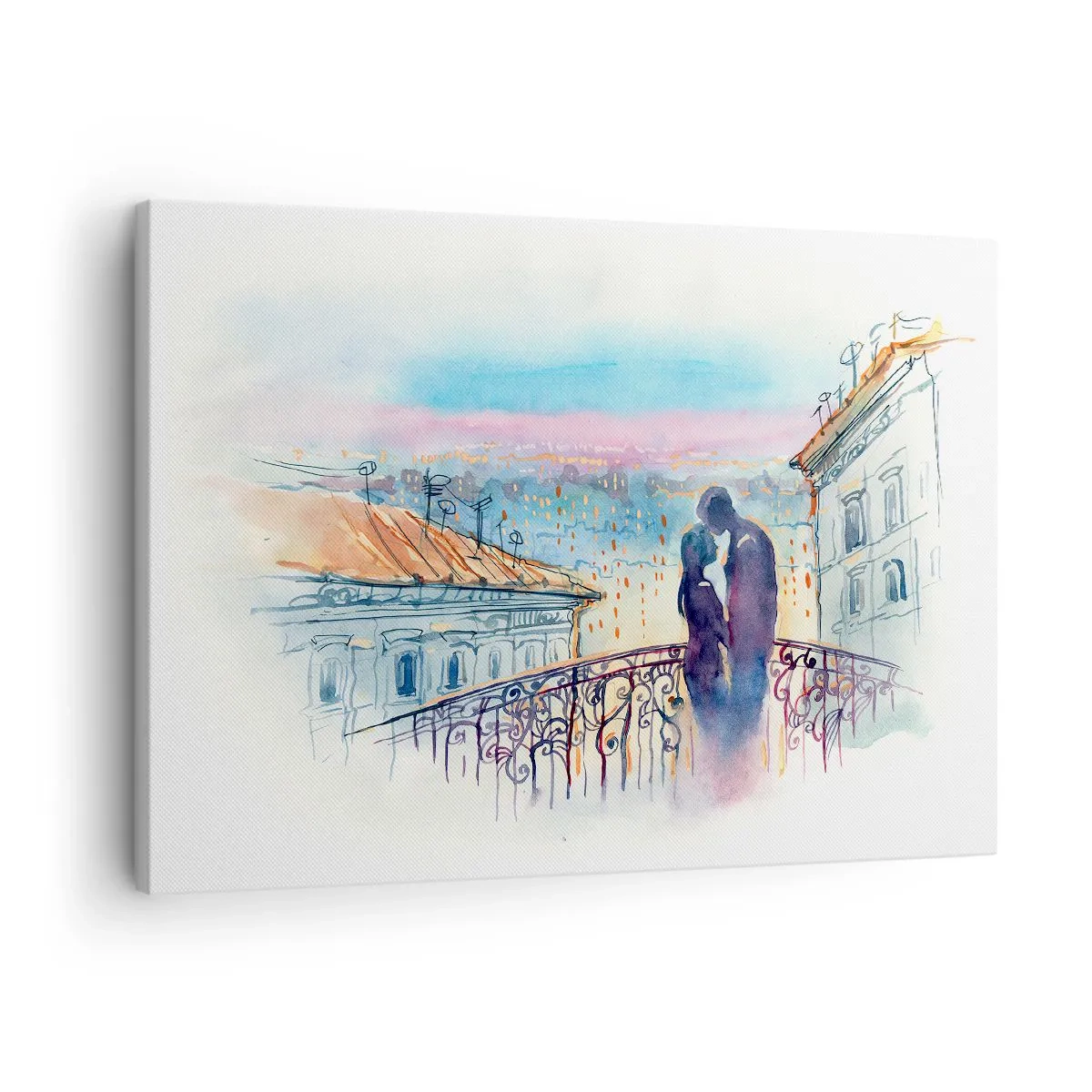 Obraz na plátně - Romantický pár na balkóně s výhledem na město - 70x50cm - Pařížští milenci - Moderní nástěnná dekorace do obývacího pokoje a ložnice ARTTOR