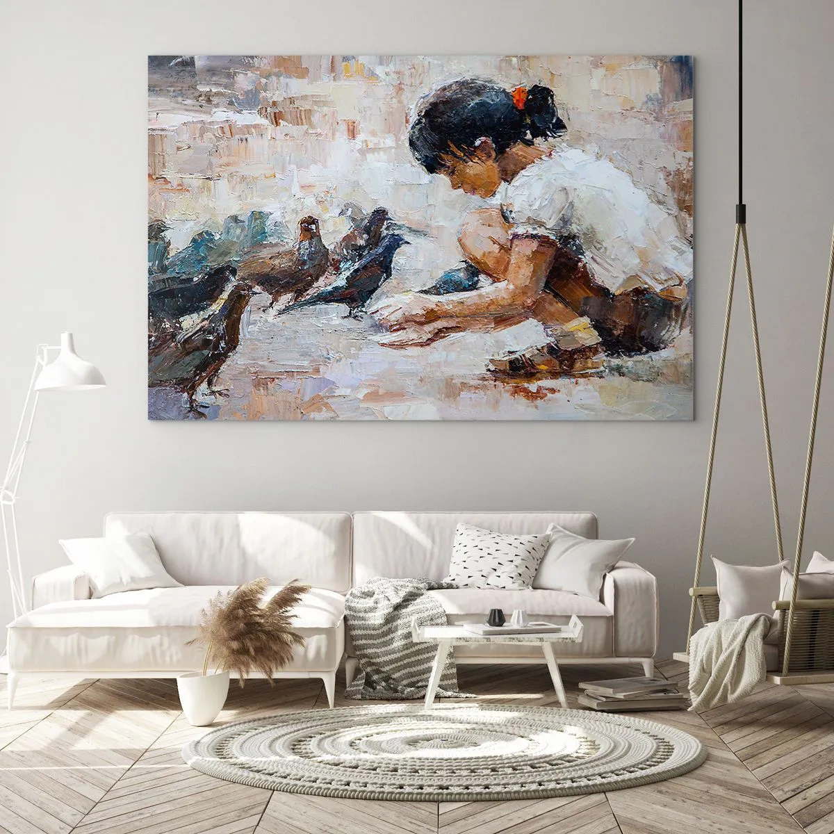 Obraz na skle - Dívka krmící ptáky na impresionistickém pozadí - 70x50cm - Maličcí a nejmilejší - Moderní nástěnná dekorace do obývacího pokoje a ložnice ARTTOR
