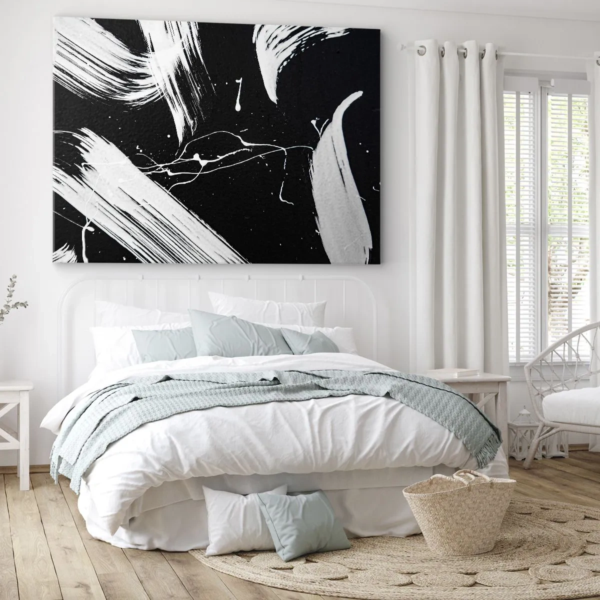 Obraz na plátně - Abstraktní bílé tahy na černém pozadí - 70x50cm - Prolomit temnotu - Moderní nástěnná dekorace do obývacího pokoje a ložnice ARTTOR