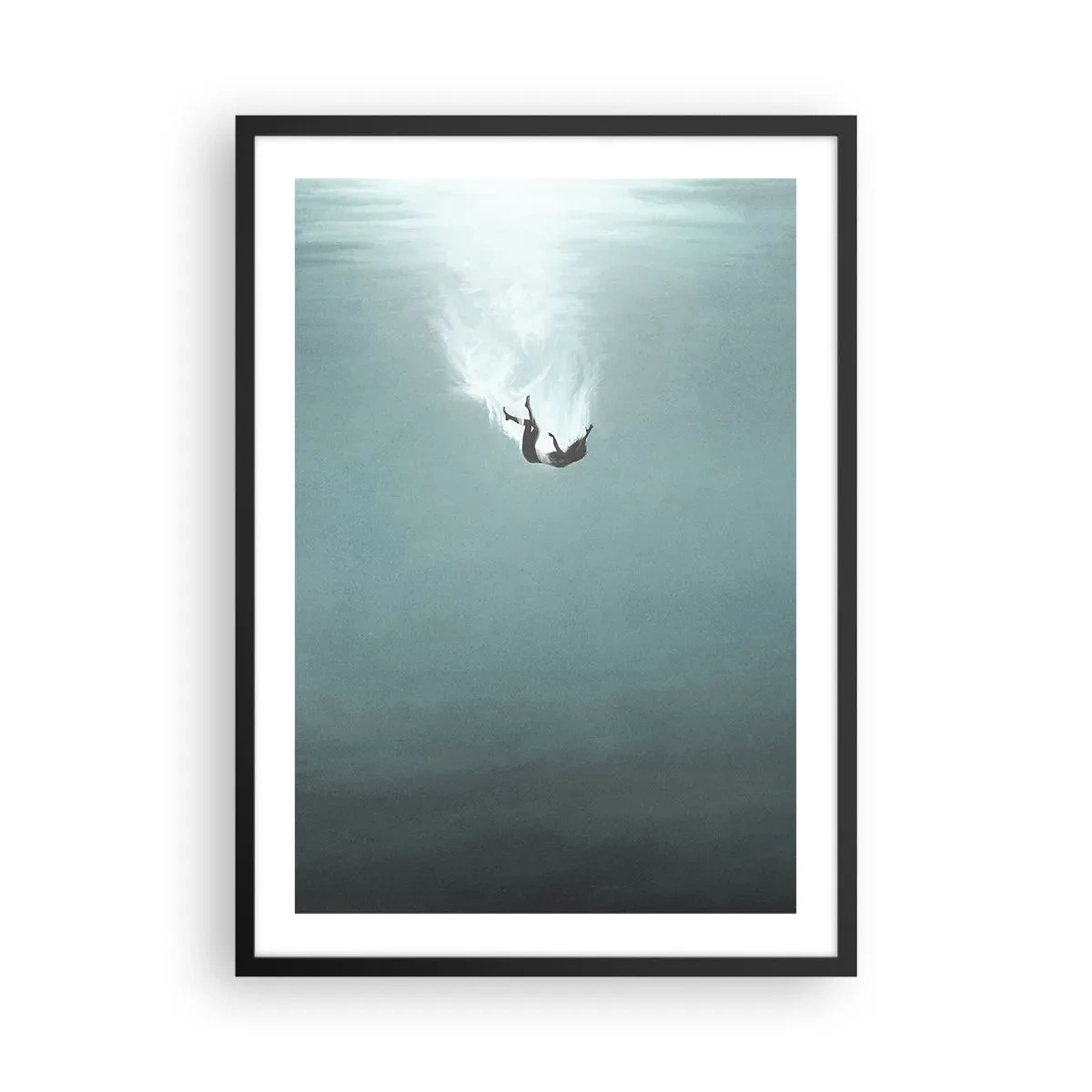 Plakát v černém rámu - Silueta muže padajícího do hlubin vody - 50x70cm - V objetí oceánu - Moderní nástěnná dekorace do obývacího pokoje a ložnice ARTTOR