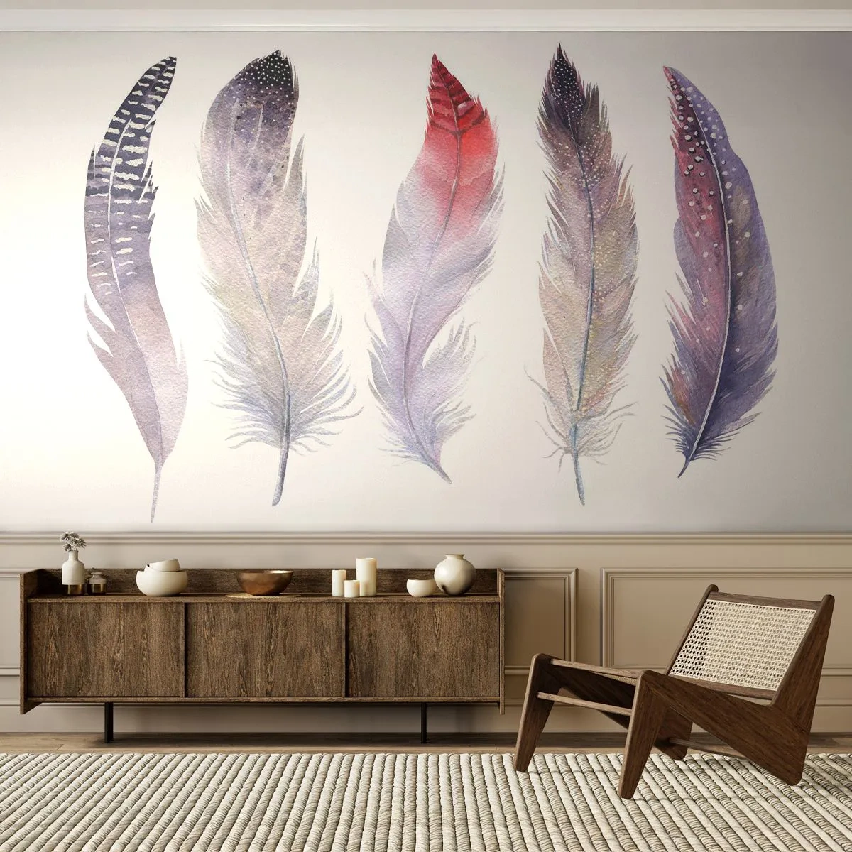 Fototapeta Premium Canvas - Jemné jako různobarevná mlha - Ptačí pírko, Boho, Grafika - 250x175 cm