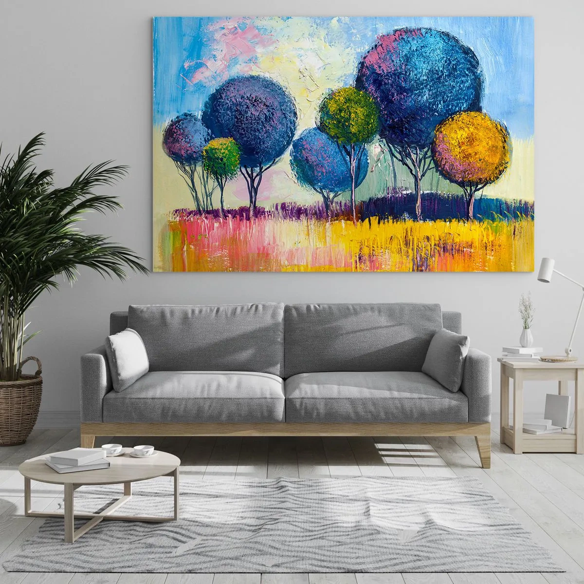 Obraz na skle - Barevné stromy na pozadí abstraktní krajiny - 70x50cm - Koule - tvar ideálu - Moderní nástěnná dekorace do obývacího pokoje a ložnice ARTTOR