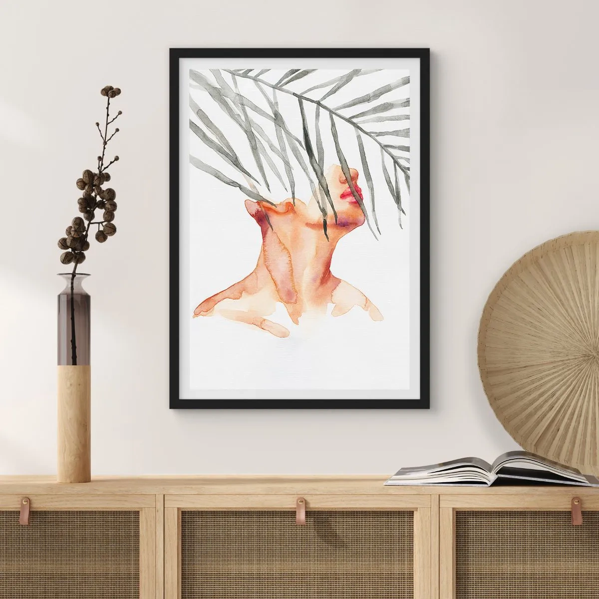 Plakát v černém rámu - Akvarelová žena s palmovými listy zakrývajícími si obličej - 50x70cm - Vnímat tep tropů - Moderní nástěnná dekorace do obývacího pokoje a ložnice ARTTOR