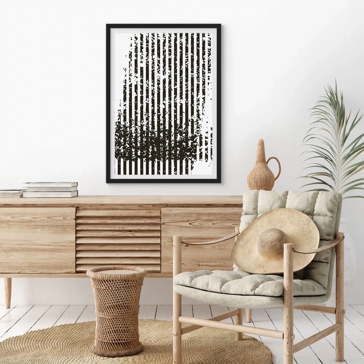 Plakát v černém rámu - Abstraktní vzor s čarami a texturou - 50x70cm - Rytmus a šum - Moderní nástěnná dekorace do obývacího pokoje a ložnice ARTTOR